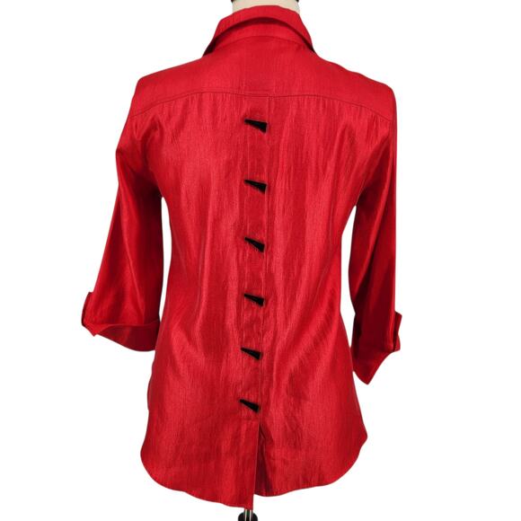 Multiples Red Shimmer Toggle Button Top 3/4 Sleeve Collar Turned Cuffs M - Picture 7 of 8